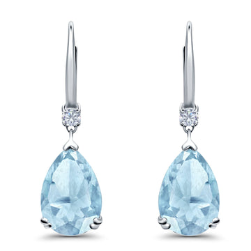 Pear Shape Dangling Leverback Earrings Wedding Simulated Aquamarine CZ 925 Sterling Silver (22mm)